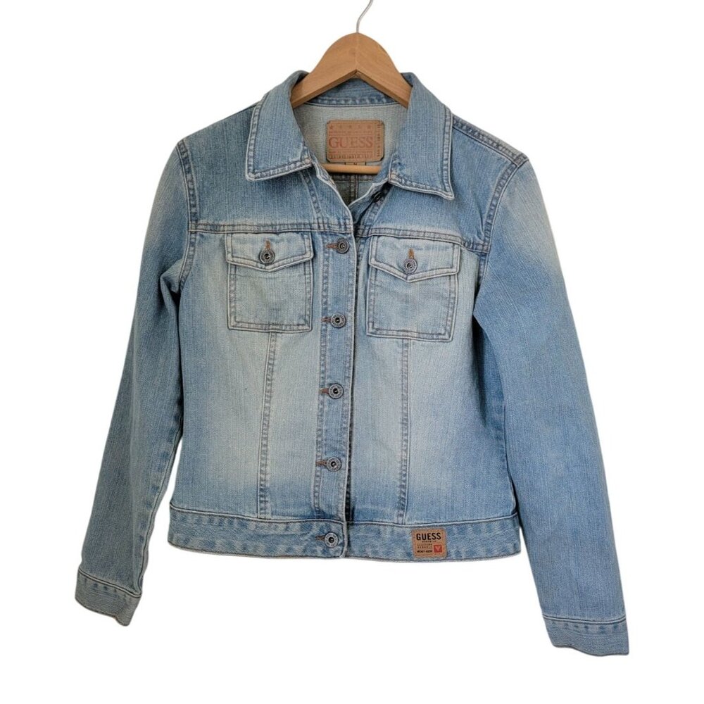Guess Womens Medium Light Wash Denim Jacket Button-Up Rugged Workwear Style Sz M